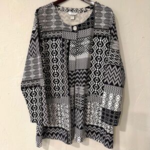 CJ Banks-Open Front Cardigan-Black/White Geometric-Textured-Button-Size 3X-NWT